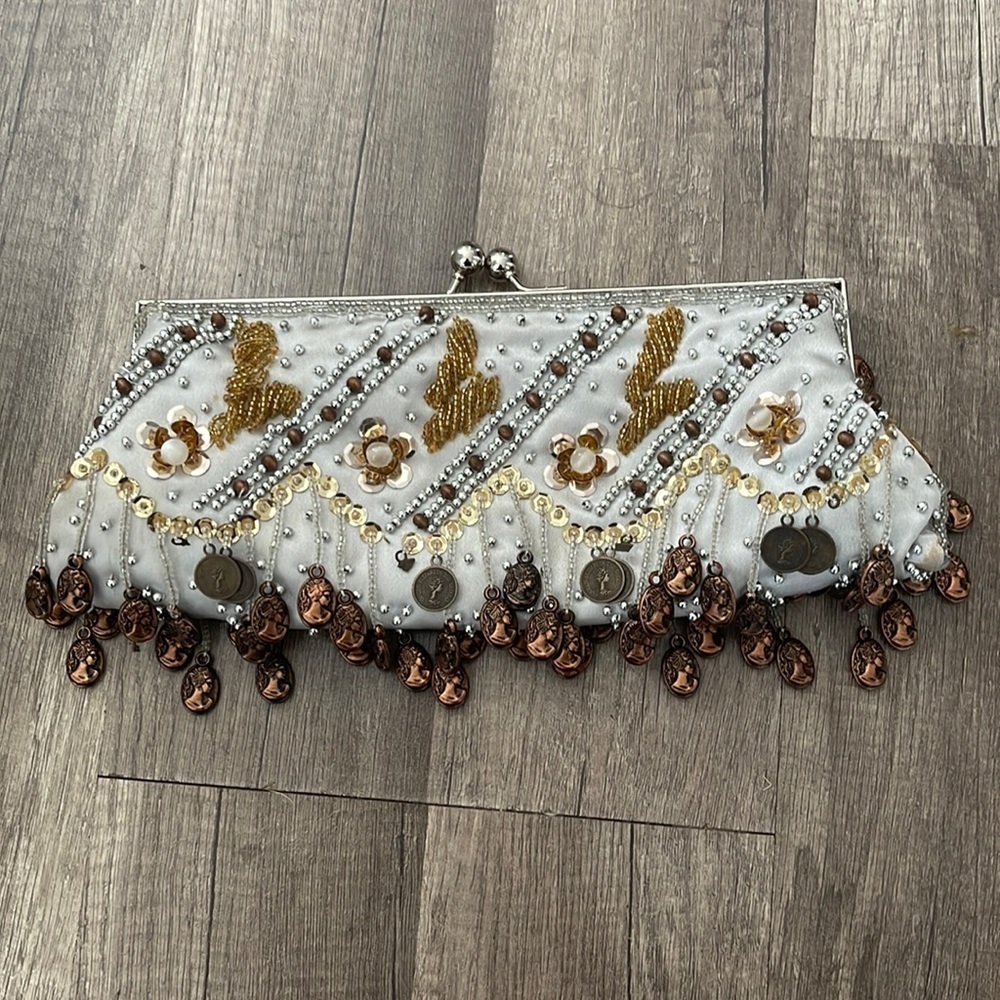 Vintage Bridgerton Romantic Beaded Pearl Clutch Grey silver bronze Roman coins